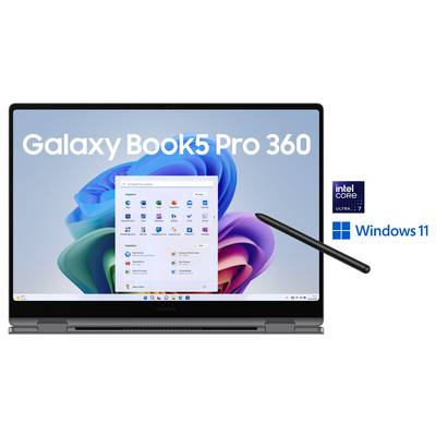 Ein Laptop mit der Anzeige "Galaxy Book5 Pro 360", ausgestattet mit Windows 11 und Intel Core i7, präsentiert mit einem Stylus-Stift.