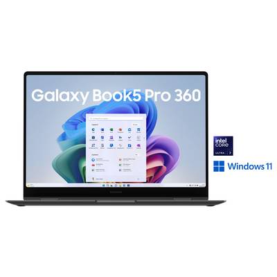Laptop-Bildschirm mit Windows 11, App-Symbolen und dem Text "Galaxy Book5 Pro 360" oben. Intel- und Windows-Logos auf der rechten Seite.