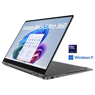 Ein schlankes, geöffnetes Laptop, das den Windows 11 Startbildschirm zeigt, mit der Bezeichnung 'Galaxy Book3 Pro 360', mit Intel Core i7 und Windows-Logos.