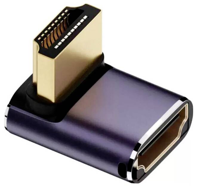 Eine Nahaufnahme eines vergoldeten HDMI-Adapters mit kompaktem, rechtwinkligem Design, der zum Anschluss von Multimediageräten in beengten Platzverhältnissen verwendet wird.