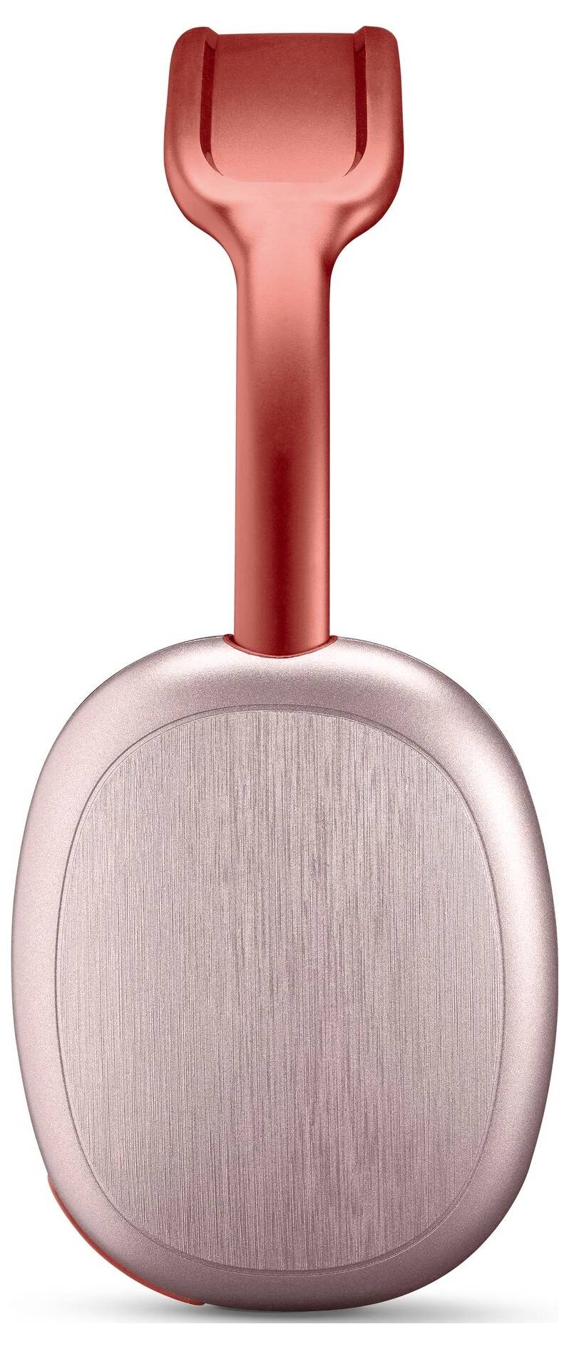 Rosa, ovaler Haarbrush mit einer schlanken, gebürsteten Metalloberfläche und einem soliden, geschwungenen Griff.