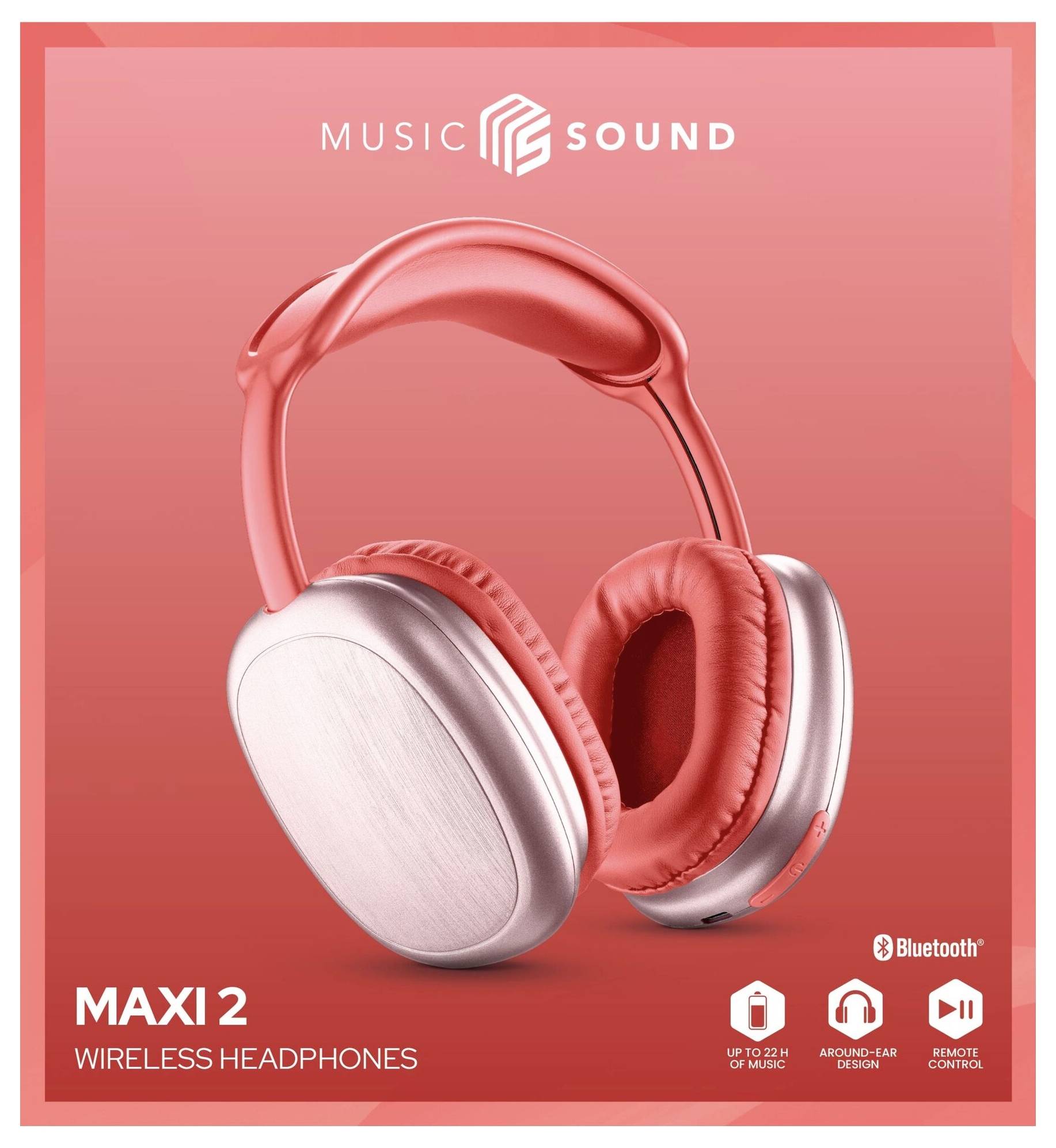 Rote kabellose Over-Ear-Kopfhörer mit elegantem Design und gepolsterten Ohrmuscheln. Die Verpackung trägt die Aufschrift "MAXI 2 WIRELESS KOPFHÖRER" und hebt Funktionen wie Bluetooth und Fernbedienungskompatibilität hervor.