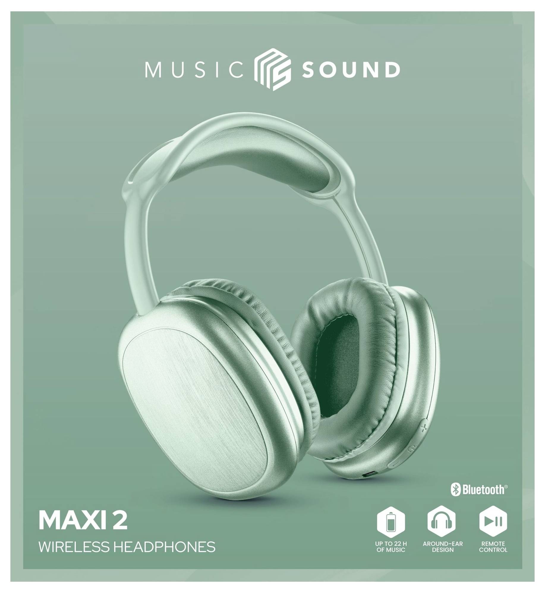 "Music Sound Maxi 2 Wireless Kopfhörer" Verpackung zeigt drahtlose Over-Ear-Kopfhörer mit Funktionen: 22-Stunden-Akkulaufzeit, Bluetooth, Fernbedienung.