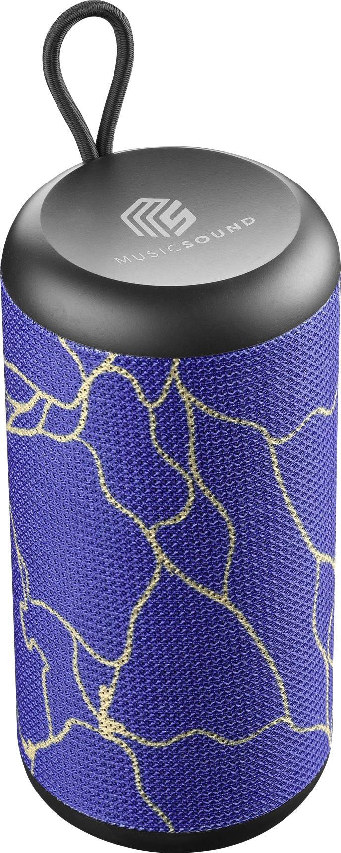 Tragbarer blauer Bluetooth-Lautsprecher mit goldenem abstraktem Muster und einer Schlaufe zum Tragen oben. Logo und die Wörter „Music Sound" auf der Oberseite.
