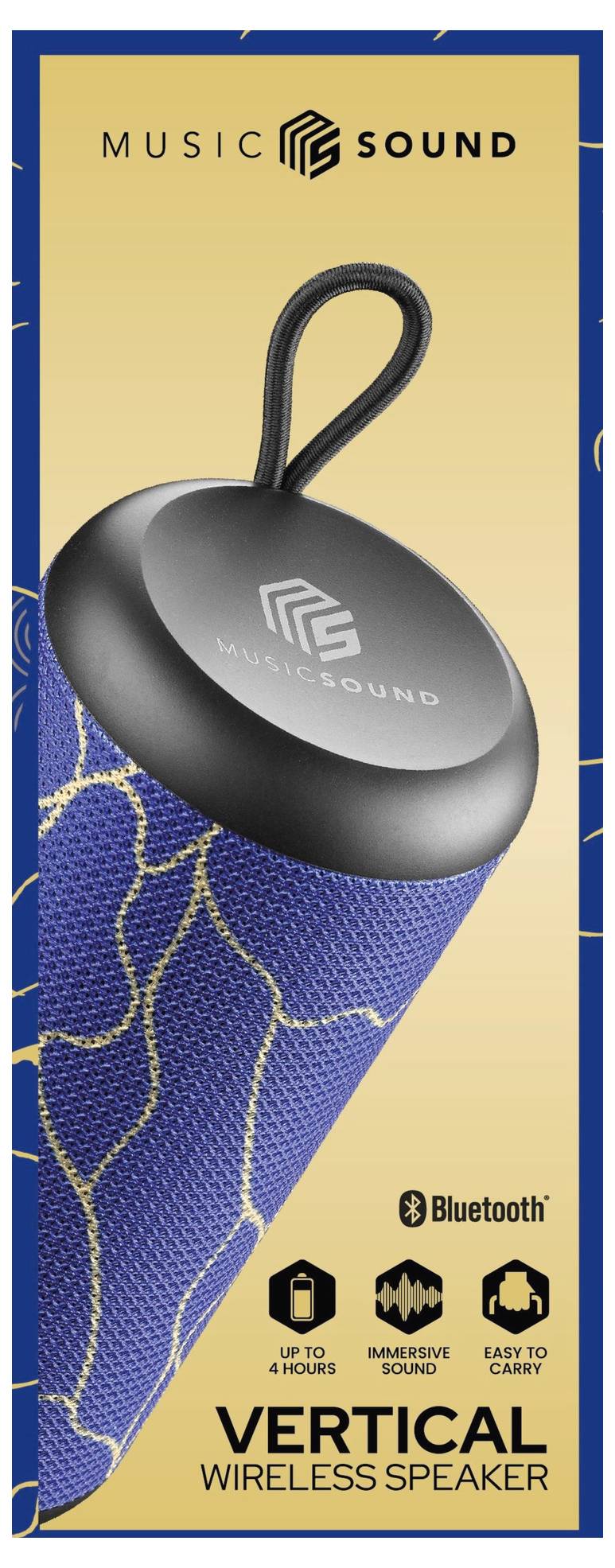 Vertikaler kabelloses Lautsprecher in blau-goldenem Muster. Funktionen beinhalten bis zu 10 Stunden Spielzeit, beeindruckenden Sound, Bluetooth und einfache Tragbarkeit.