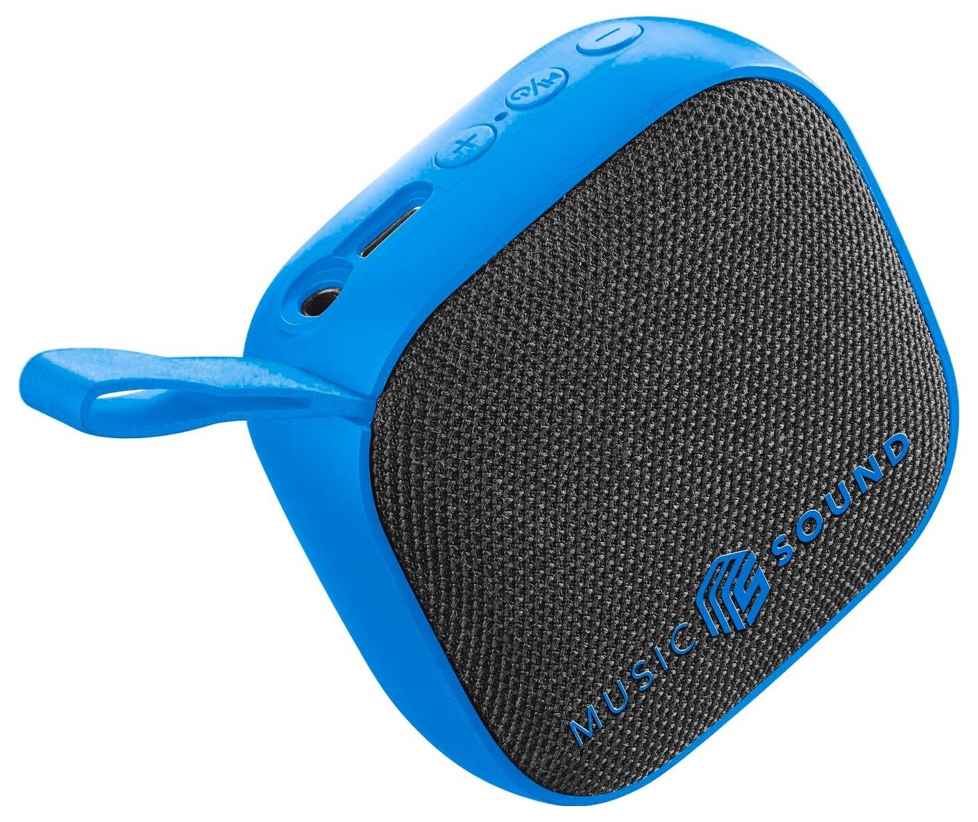 Ein kompakter, quadratisch geformter tragbarer Lautsprecher mit blauen Kanten und Steuertasten auf der Oberseite, mit einem schwarzen Gitter und der Beschriftung "MUSIC SOUND".