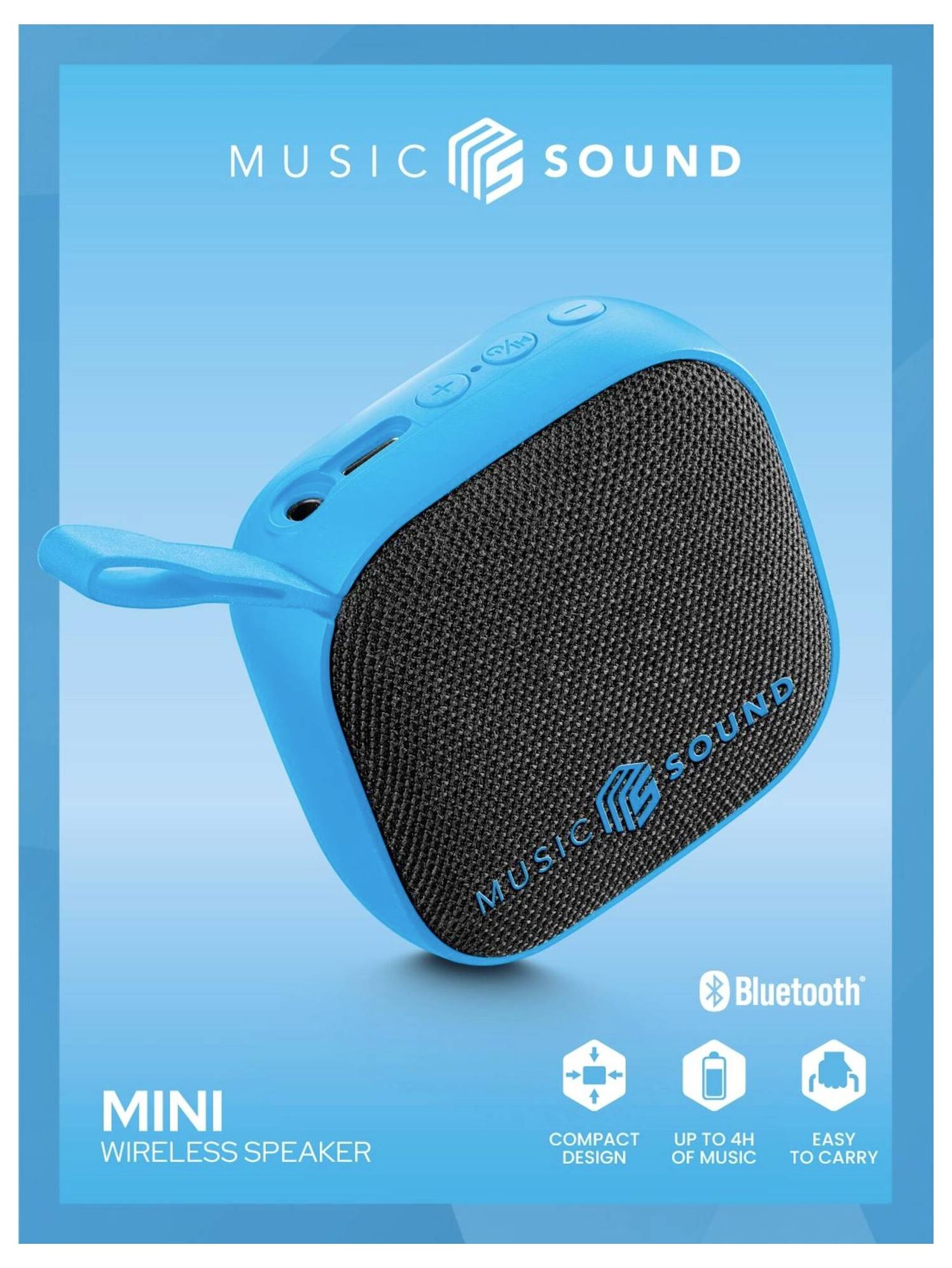 Ein blauer tragbarer Bluetooth-Lautsprecher mit der Bezeichnung „Music Sound", mit kompaktem Design, 4 Stunden Spielzeit und einfacher Portabilität.