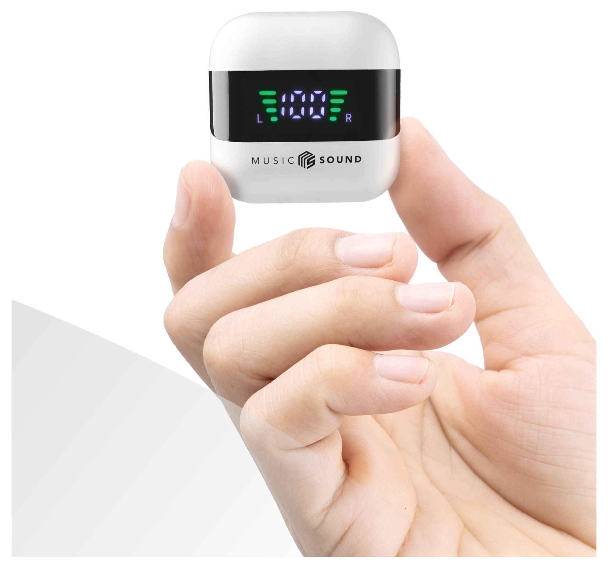 Eine Hand hält ein kleines elektronisches Gerät, das '100%' anzeigt, mit Anzeigen, die mit 'L' und 'R' beschriftet sind. Auf dem Gerät steht 'MUSIC SOUND' gedruckt.