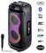 Tragbarer schwarzer Party-Lautsprecher mit Mikrofon, RGB-Frontlichtern und Funktionssymbolen für Bluetooth, Radio, MP3, AUX, USB, Stromversorgung und 500W Ausgangsleistung.