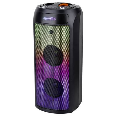 Hoher schwarzer Lautsprecher mit Doppel-Woofer und mehrfarbigen LED-Lichtern, die die Vorderseite bedecken, vor einem weißen Hintergrund.