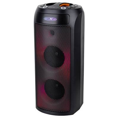 Ein hoher, schwarzer Bluetooth-Lautsprecher mit roter Beleuchtung und einem Markenlogo nahe der Oberseite.