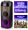 Ein tragbarer Bluetooth-Lautsprecher mit bunten Lichtern neben zwei Anzeigen. Eine liest sich „MUSIK NACH WUNSCH Bluetooth 5.4", die andere „PERFEKT FÜR DRAUßEN" mit Menschen, die draußen Musik genießen.