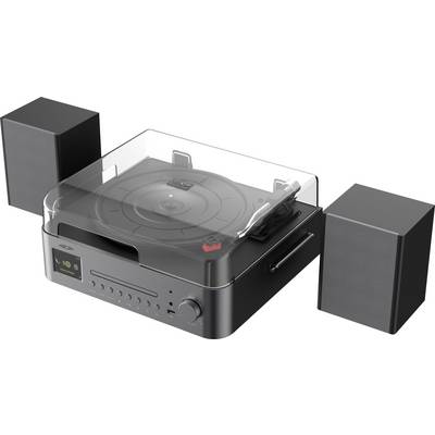 Eine Plattenspieler im Vintage-Stil mit transparenter Abdeckung steht zwischen zwei schwarzen Lautsprechern und verfügt über Bedienknöpfe und ein digitales Display.