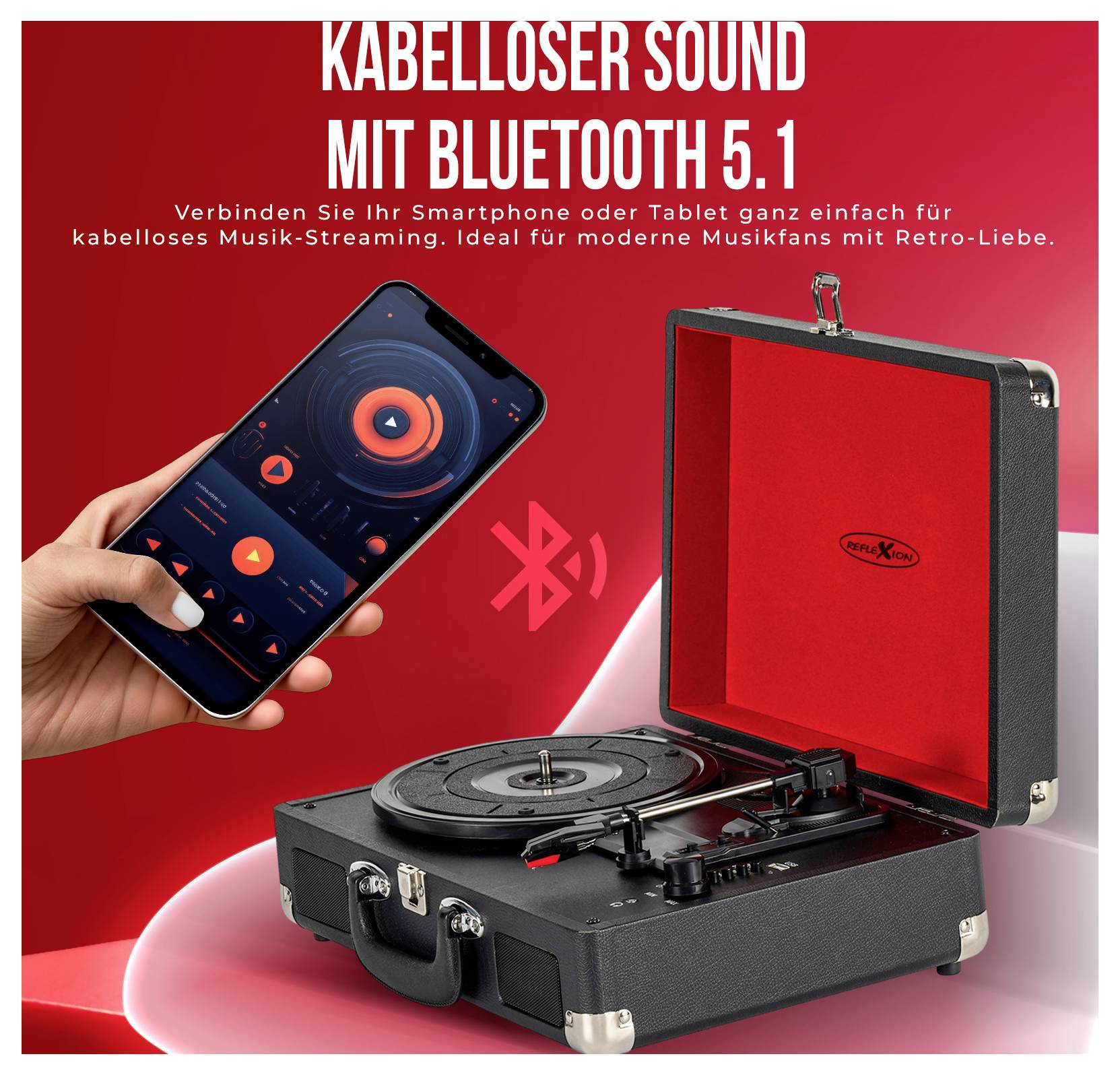Werbebild für kabellosen Plattenspieler mit Bluetooth 5.1; Smartphone steuert Musik-Streaming, dazu Plattenspieler in rotem Koffer.