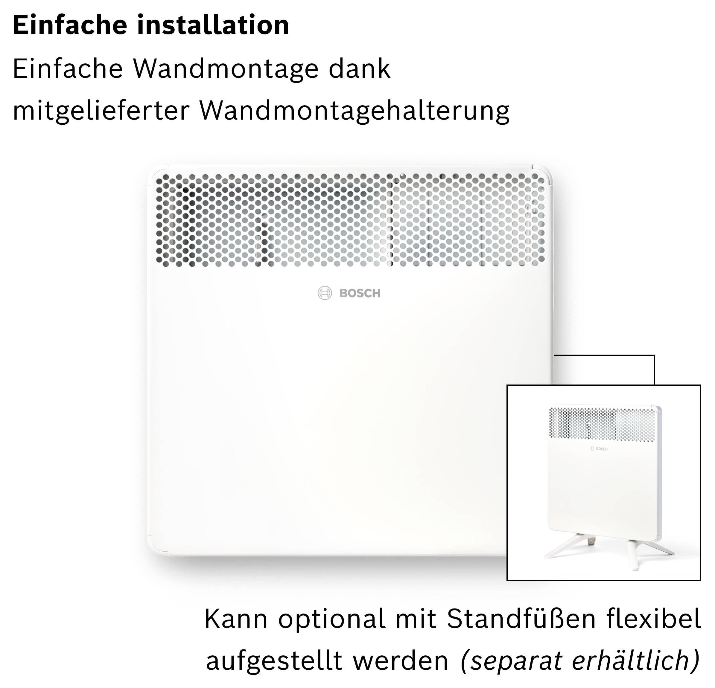 Ein weißer Bosch-Wandheizkörper mit Wabenmuster für Wandmontage; optional mit Standfüßen nutzbar (separat erhältlich).
