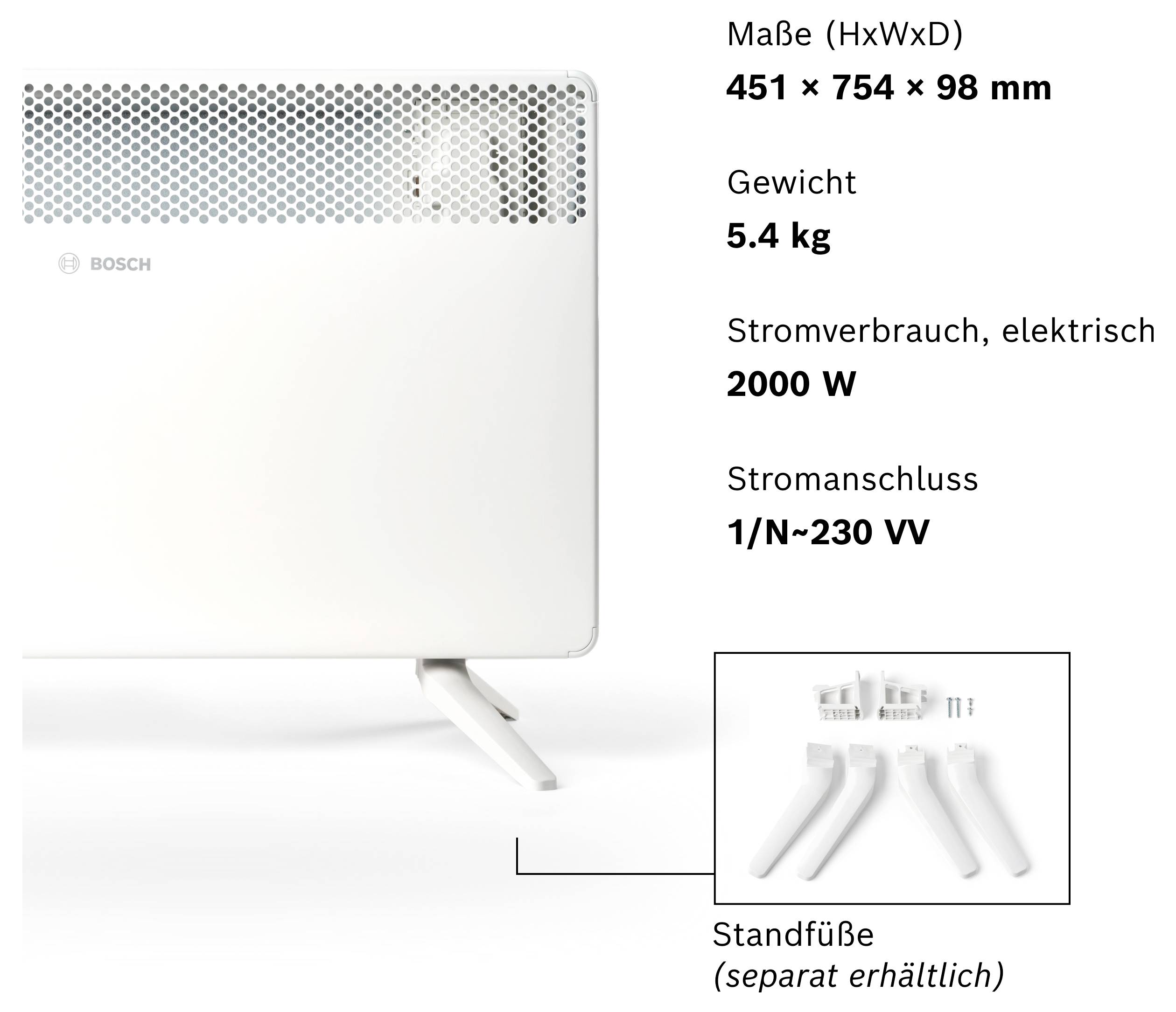 'Elektro-Heizgerät mit den Maßen 451 x 754 x 98 mm. Gewicht 5,4 kg, Stromverbrauch 2000 W.'