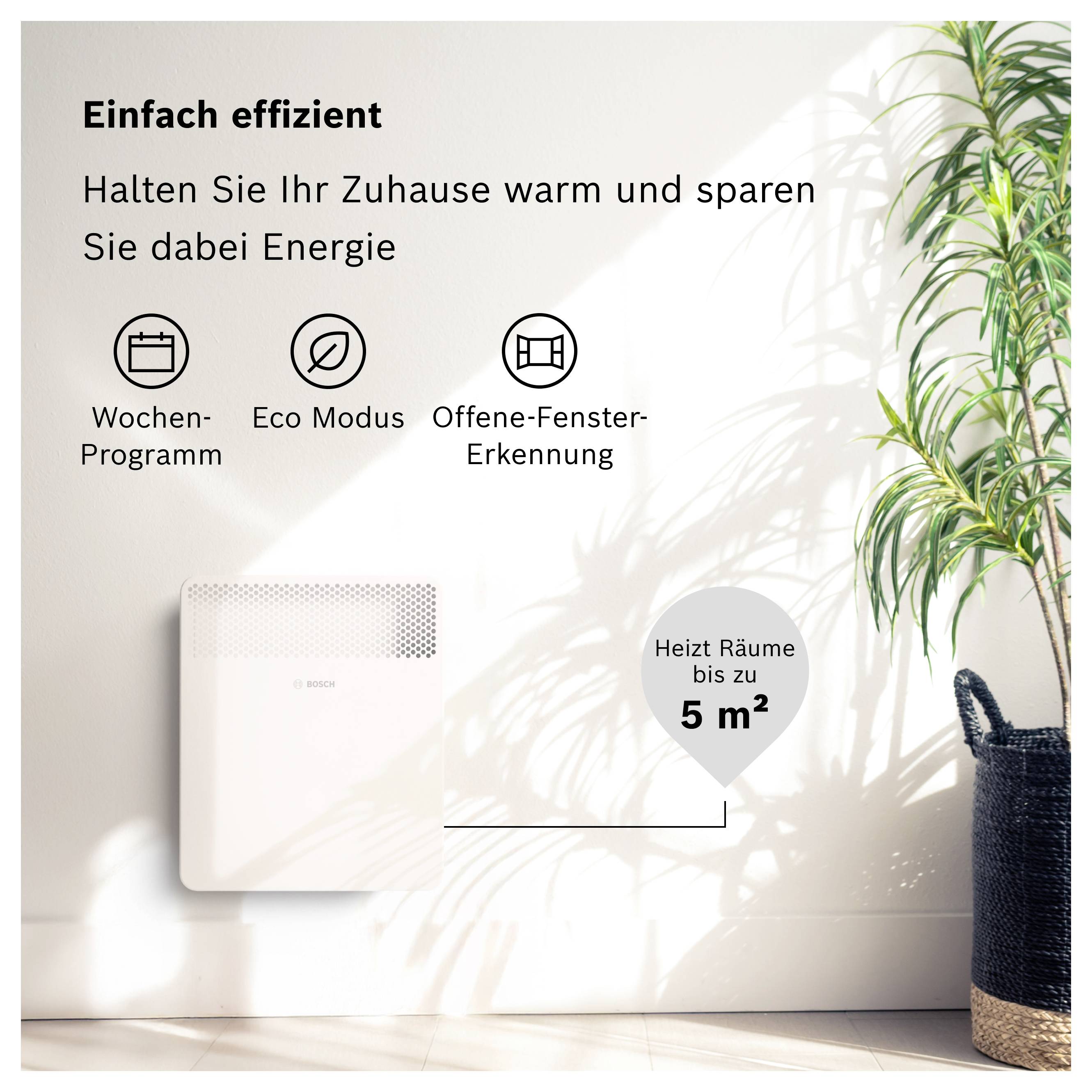 Kompakter Heizkörper an einer Wand, geeignet für Räume bis zu 5 m². Bietet Wochen-Programm, Eco Modus und offene-Fenster-Erkennung.