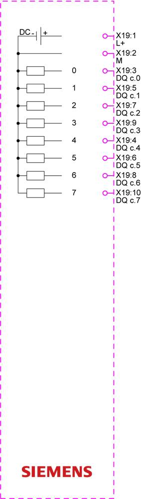 Eine vertikale elektrische Schemazeichnung mit einer 8-Schalter-Konfiguration, bei der die Anschlüsse auf der rechten Seite mit X19.1 bis X19.10 beschriftet sind und unten 'SIEMENS' steht.