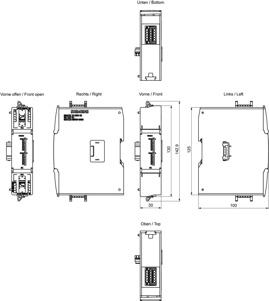 Technische Zeichnung eines elektronischen Geräts aus verschiedenen Perspektiven, mit Abmessungen: 142,9 mm Höhe, 100 mm Breite, Anschlüsse an Front und Rückseite.