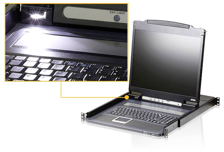 Eine Rack-montierte LCD-Konsole mit integrierter Tastatur, geöffnet, um den Bildschirm und die Tasten zu zeigen. Eine Nahaufnahme hebt den 'Exit Light'-Knopf hervor.