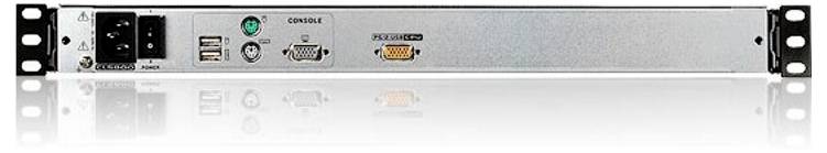 Ein Rack-Server-Panel mit verschiedenen Anschlüssen, darunter USB, VGA und Stromverbinder, konzipiert für Daten- oder Kommunikationsmanagement.