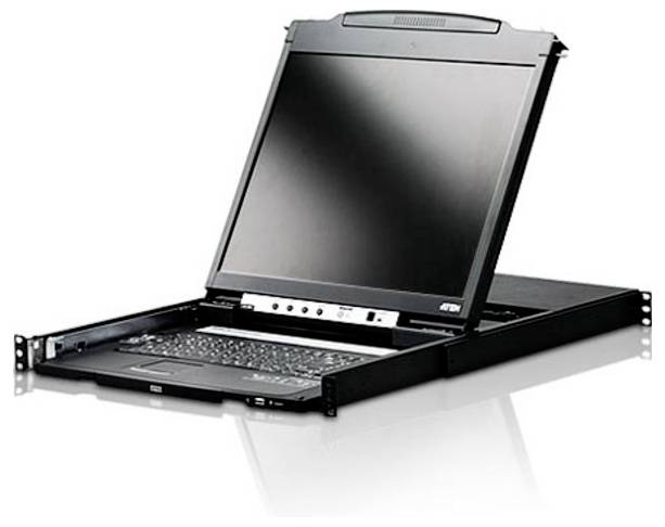 Eine schwarze Rack-Konsole mit einem klappbaren LCD-Monitor und integrierter Tastatur, entwickelt für das Servermanagement in Rechenzentren.