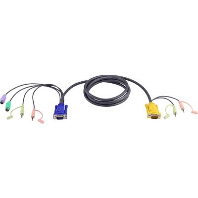 Ein KVM-Switch-Kabel mit mehreren farbigen Anschlüssen: blaue und gelbe VGA-Stecker, rosa und grüne Audiokabel, schwarze Kabel in der Mitte zusammengebunden.