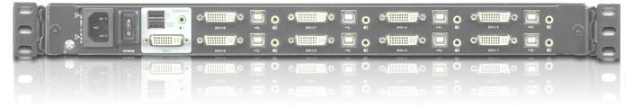 Ein Rack-montiertes Schaltfeld mit mehreren DVI-Anschlüssen und LED-Anzeigen, das zur VideoSignalverteilung und -verwaltung verwendet wird.