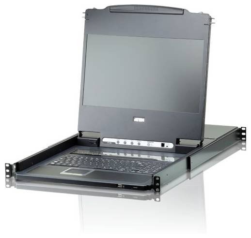 Eine Rack-Konsole mit einem klappbaren LCD-Bildschirm und integrierter Tastatur, geeignet für Serververwaltung und Rechenzentrumsumgebungen.