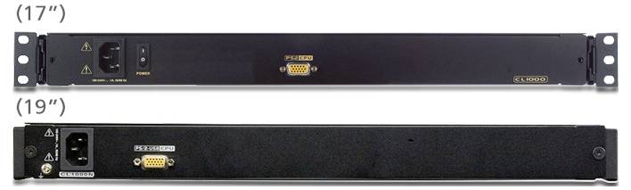 Zwei schwarze Rack-mountable Stromverteilungseinheiten, eine mit der Beschriftung '17"' und eine andere mit '19"'. Jede Einheit verfügt über einen Netzschalter und mehrere Steckdosen.