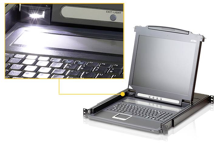 Ein Laptop mit einer Detailansage, die das Ausgangsbeleuchtungsmerkmal über der Tastatur zeigt und die integrierte Beleuchtungsfunktionalität hervorhebt.