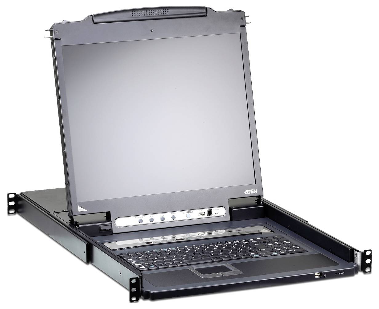 Eine Rack-montierte Konsole mit einem offenen LCD-Bildschirm und einer Tastatur, konzipiert für die Verwaltung von Servern in einer Rechenzenterumgebung.