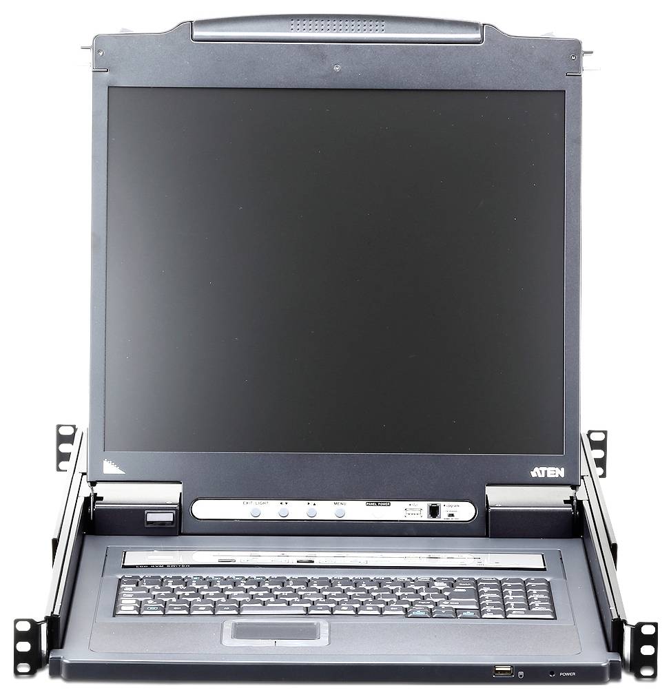 Eine Rack-Konsole mit einem aufklappbaren Monitor, integrierter Tastatur und Touchpad. Bedienelemente und Anschlüsse sind unterhalb des Bildschirms sichtbar.