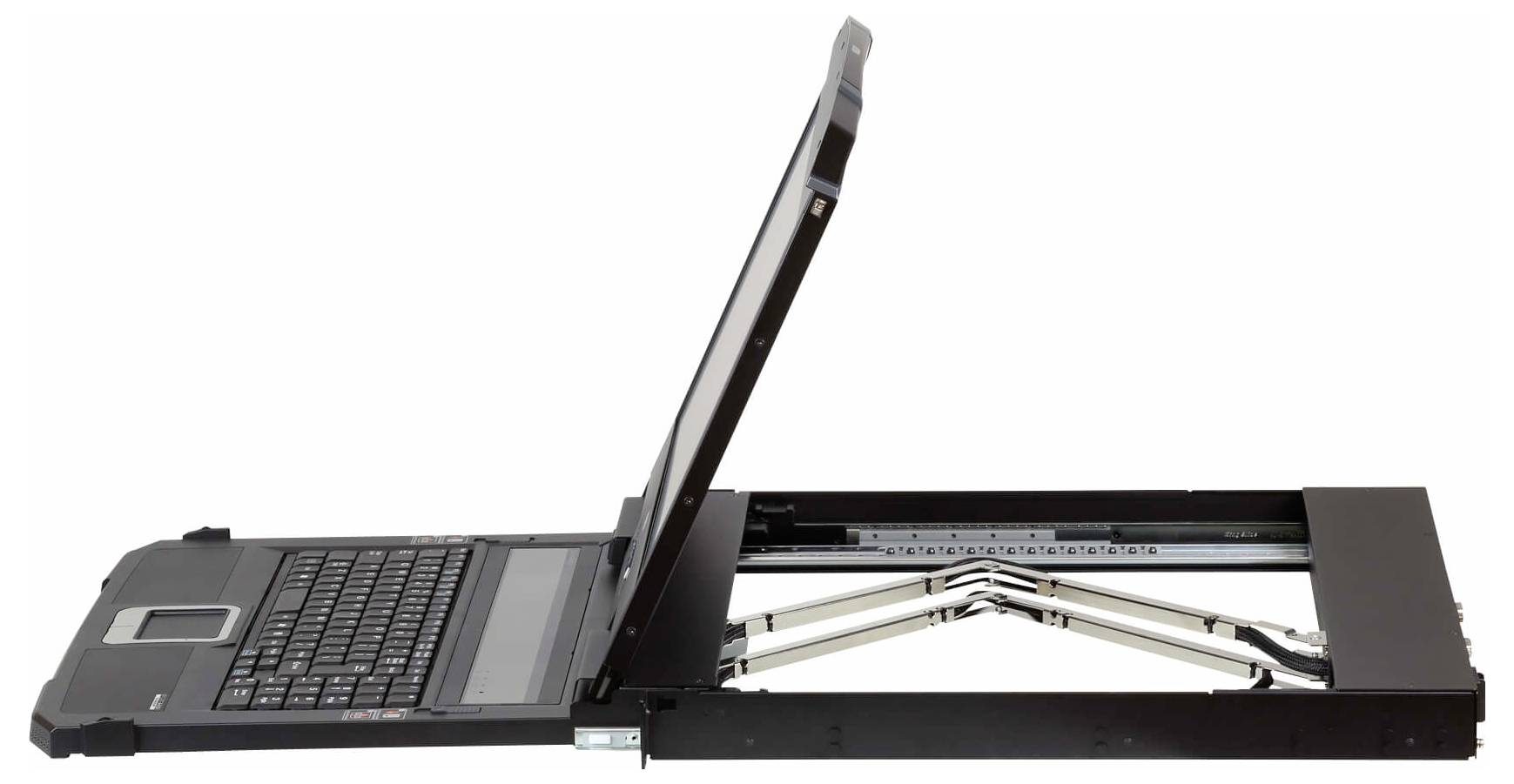 Ein robuster Laptop ist auf einem ausziehbaren Tablett montiert, der seine Seitenansicht zeigt und für den Einsatz in einem Serverrack konzipiert ist.