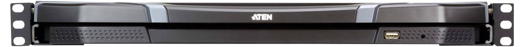 ATEN-Netzwerkserver-Frontplatte mit USB-Anschluss und Lüftungsschlitzen, in einem Rack montiert.