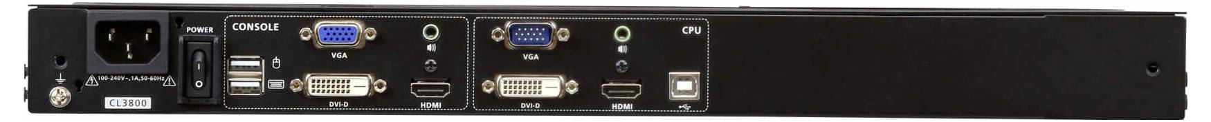 Rückansicht eines KVM-Switches (Keyboard, Video, Mouse) mit mehreren VGA-, DVI-, USB- und Netzwerkanschlüssen zum Anschließen und Verwalten von Geräten.