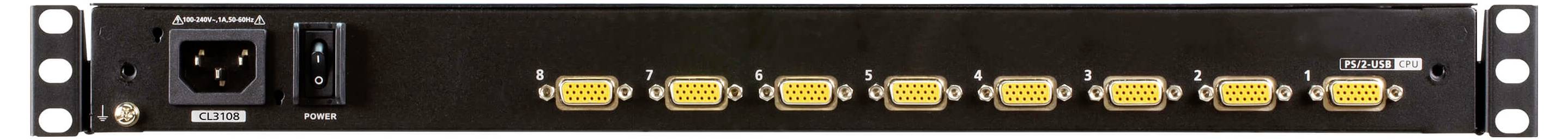 Eine Nahaufnahme eines rack-fähigen Geräts mit acht gelben VGA-Anschlüssen, die horizontal ausgerichtet sind, mit einem Netzschalter auf der linken Seite.