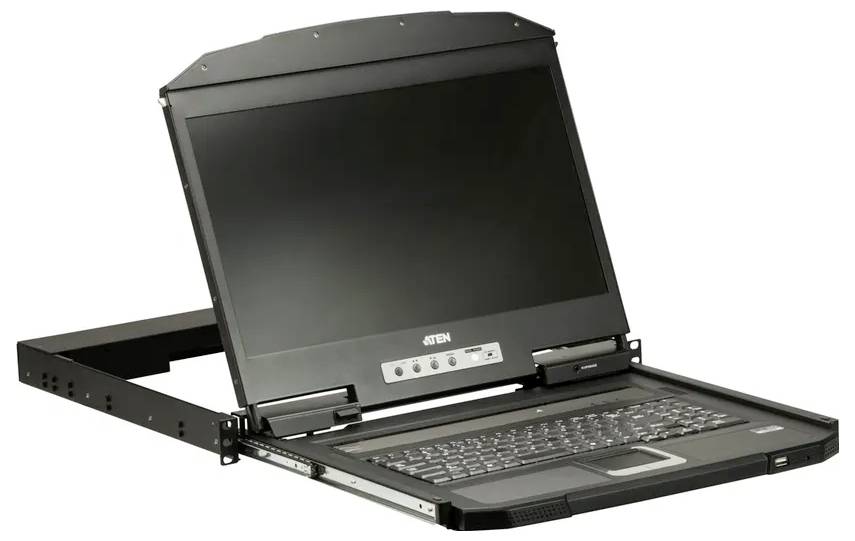 Laptop, der in eine Rackmount-Konsole integriert ist, ausgestattet mit einer Tastatur und einem Touchpad, mit einem teilweise geöffneten Display.