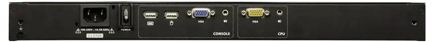 Rückansicht eines Netzwerkgeräts mit mehreren Anschlüssen, einschließlich Stromversorgung, USB, VGA und Netzwerkschnittstelle. Beschriftungen für 'Konsole' und 'CPU' sind sichtbar.