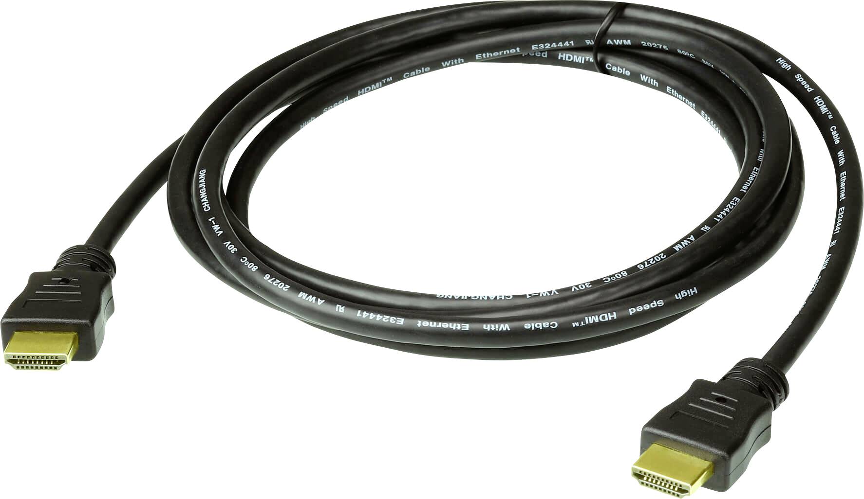 Ein schwarzes HDMI-Kabel mit vergoldeten Anschlüssen, in einer kreisförmigen Spirale aufgerollt, auf einem schlichten weißen Hintergrund.