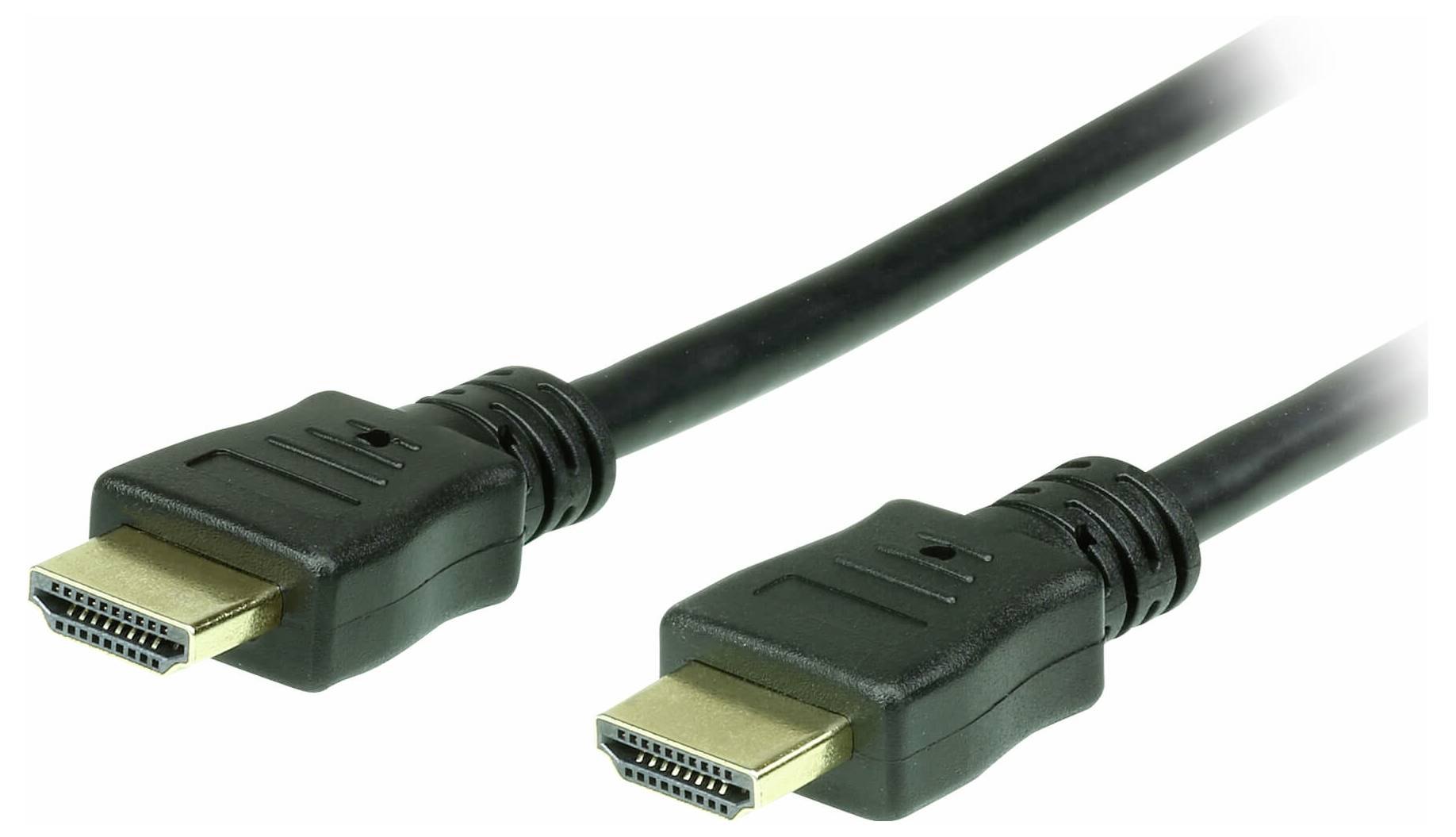 Zwei schwarze HDMI-Kabel mit vergoldeten Anschlüssen werden vor einem weißen Hintergrund gezeigt und veranschaulichen Verbindungshardware für Audio- und Videoanwendungen.