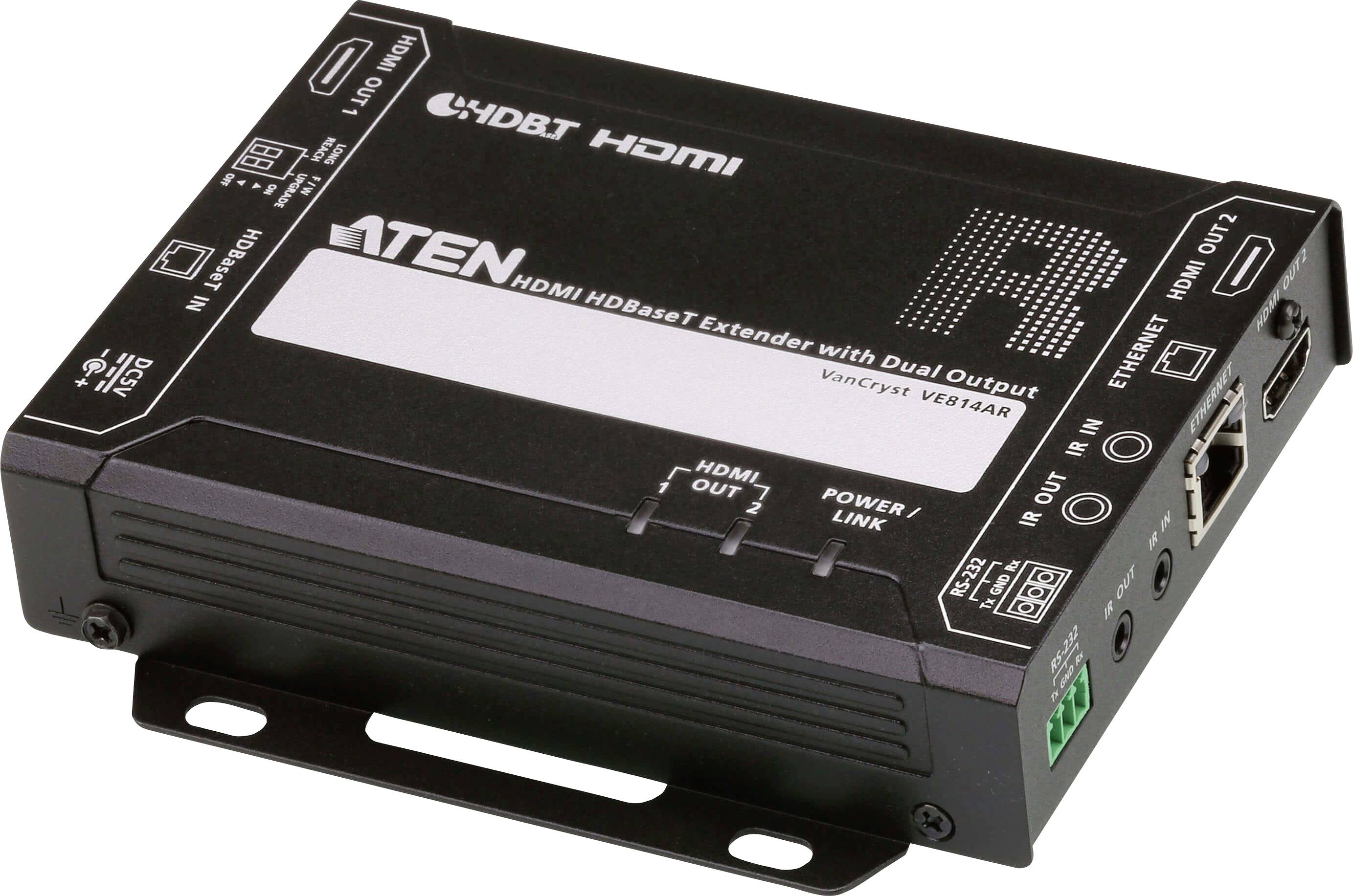 'Aten HDBaseT HDMI-Extender mit Doppelausgang, Modell VE814AR. Ausgestattet mit HDMI-Ein-/Ausgangsports, Verbindungsanzeige, Stromanschluss und LED-Anzeigen.'