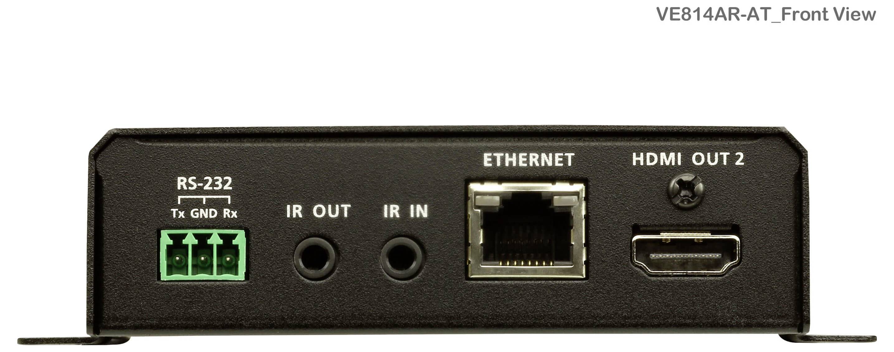 Ein Hardwaregerät mit RS-232-, IR-Out-, IR-In-, Ethernet- und HDMI Out 2-Anschlüssen. Beschriftet: VE814AR-AT, Frontansicht.