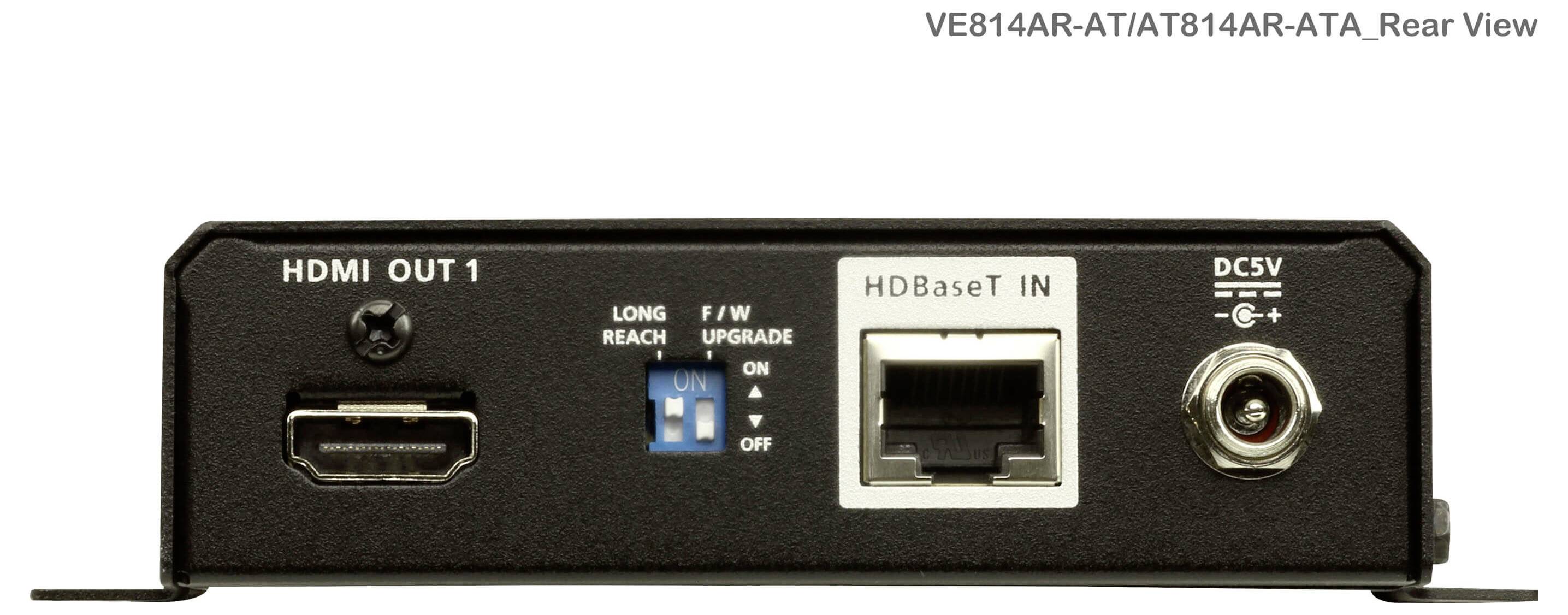 Die Rückansicht eines Geräts mit HDMI OUT 1-Anschluss, HDBaseT IN-Anschluss, Long-Reach-Schalter, Upgrade-Schalter und DC-Netzteilbuchse.