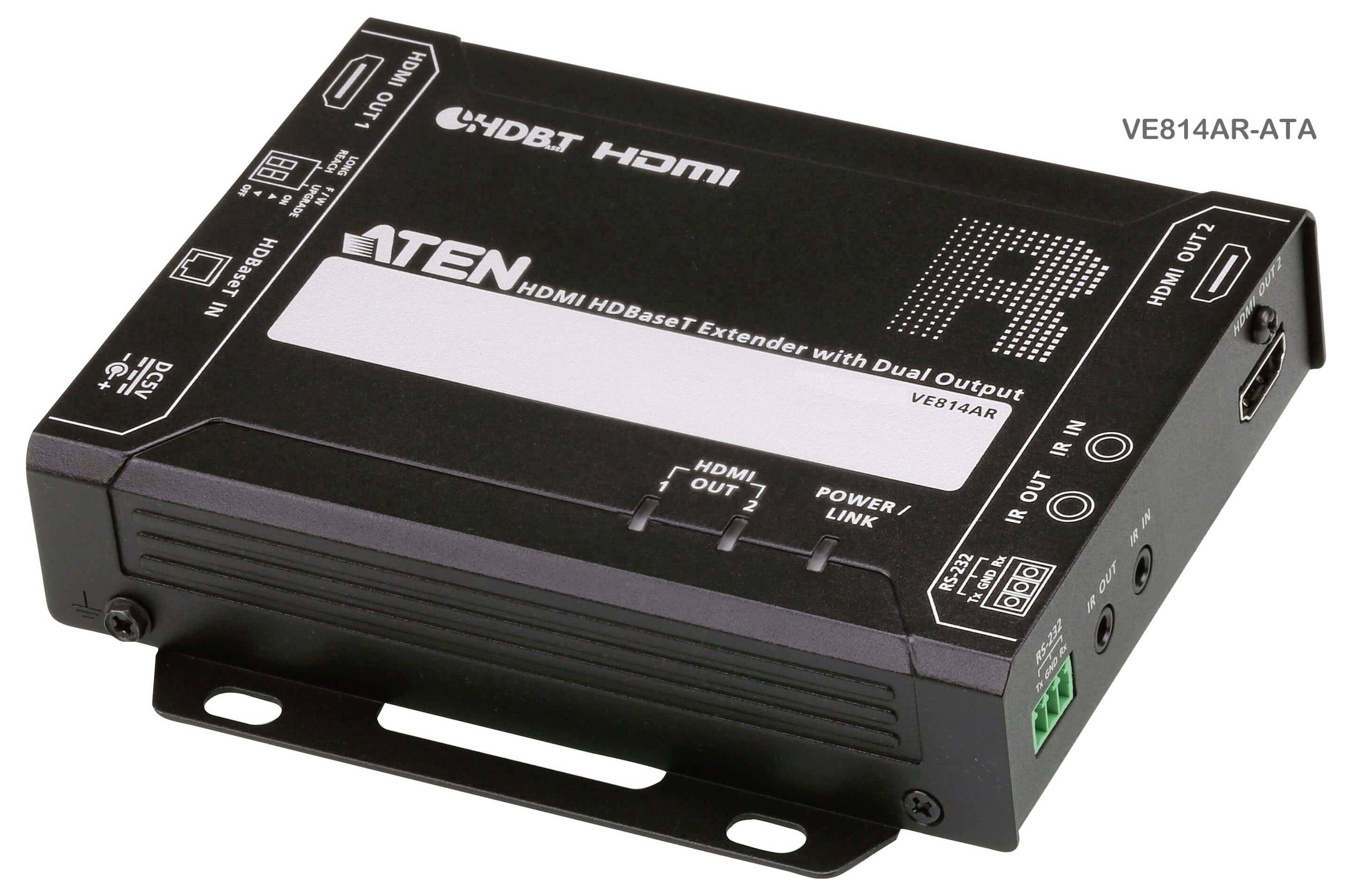 'VE814AR-ATA' HDMI HDBaseT Extender mit Doppelausgang; zu den Funktionen gehören zwei HDMI-Ausgänge, IR, Audio, Stromverbindung und Netzwerkanschlüsse.