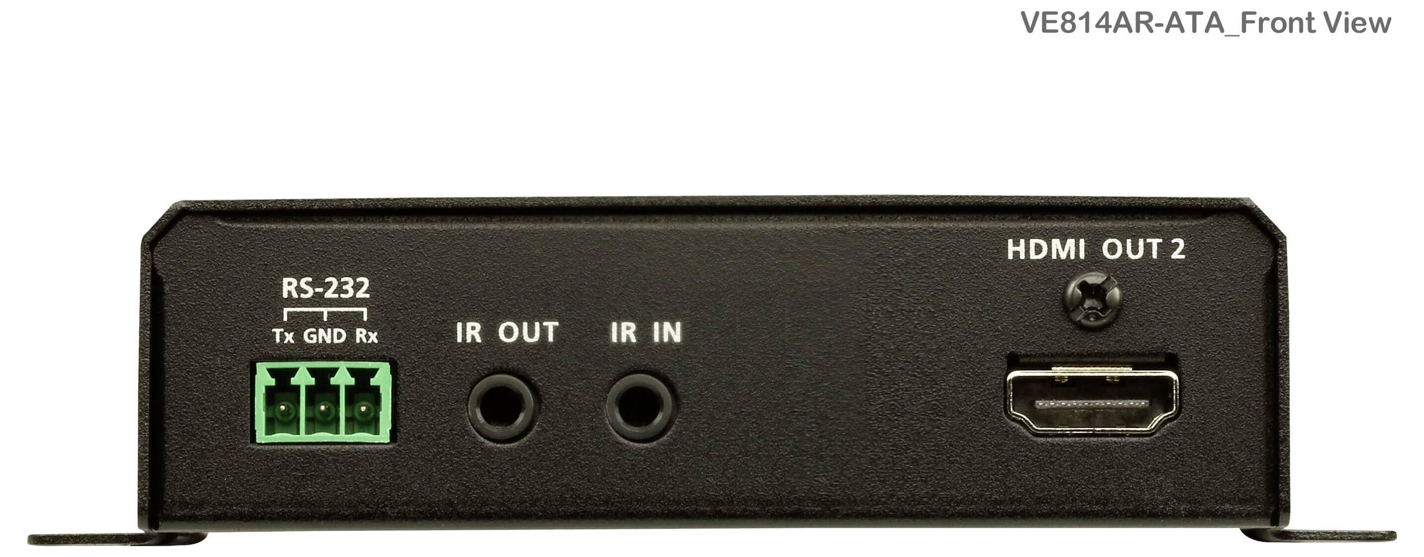 'VE814AR-ATA Frontansicht' mit Anschlüssen: RS-232, IR-Ausgang, IR-Eingang und HDMI-Ausgang 2.