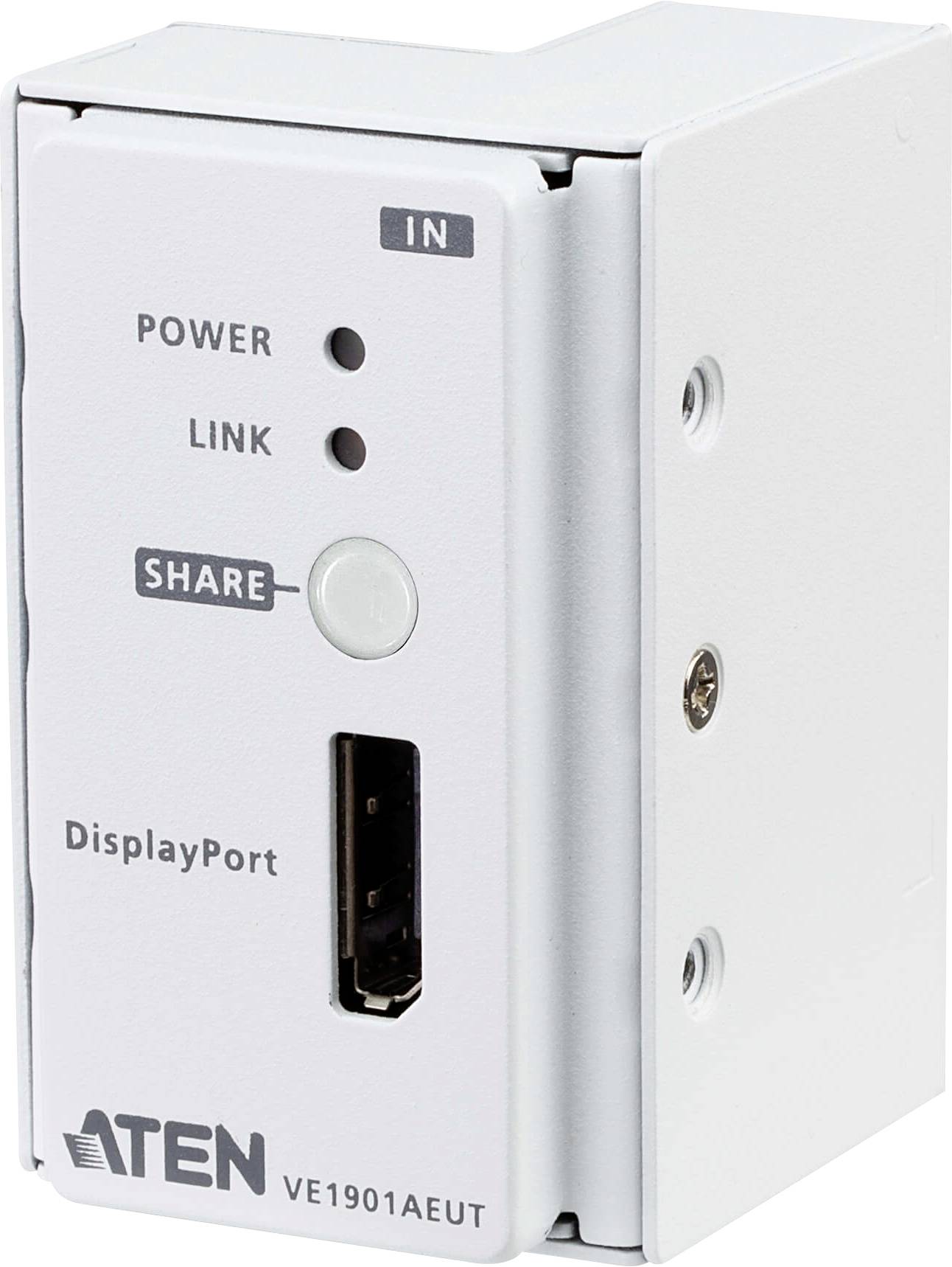 ATEN VE1901AEUT' Wandmontierter DisplayPort-Transmitter mit Strom- und Verbindungsanzeigen, Freigabetaste und Eingabeport auf einem weißen Panel.