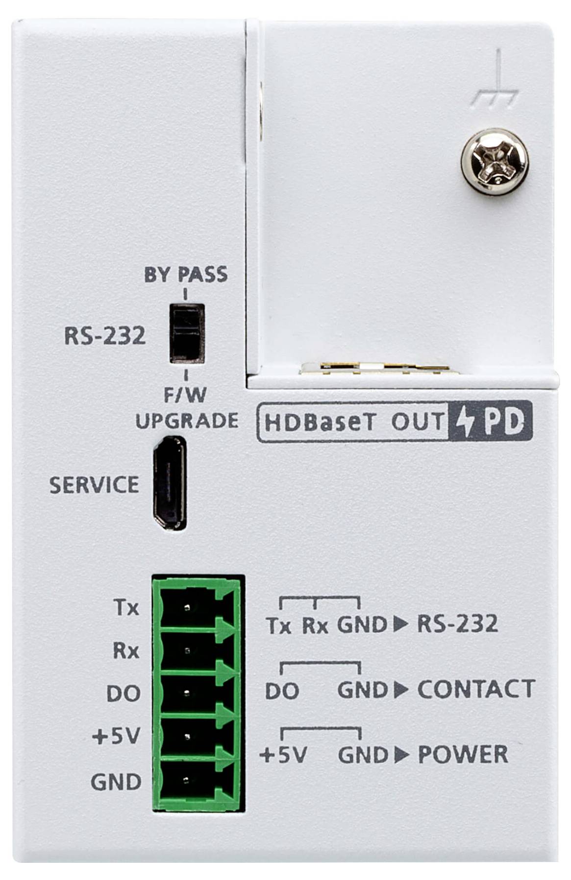 Ein weißes HDBaseT-Gerätepanel mit "RS-232"- und "SERVICE"-Anschlüssen, "BY PASS"-Schalter und Anschlussblock für Strom- und Datenleitungen.
