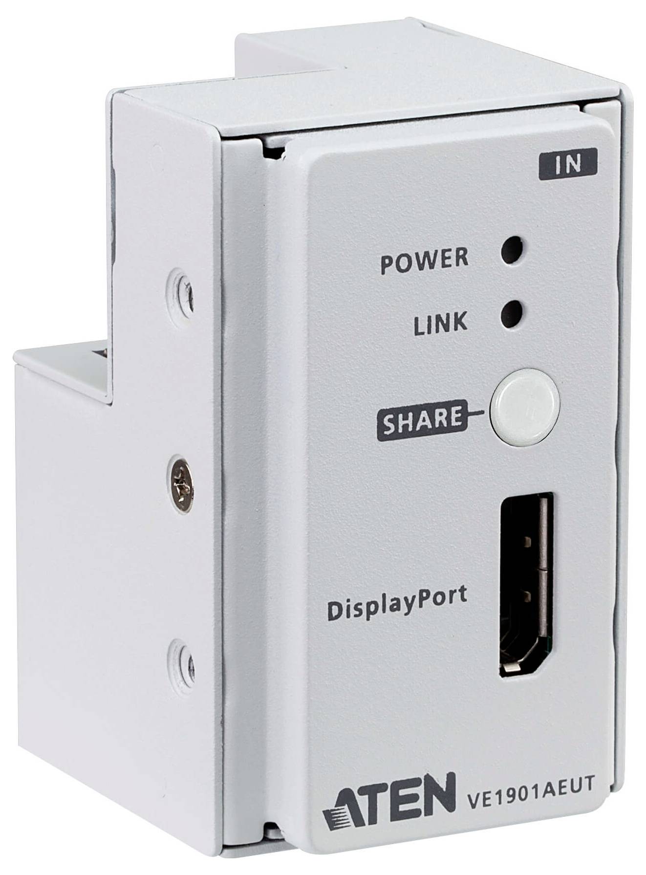 'ATEN VE1901AEUT' DisplayPort-Extender in einem silbernen Gehäuse mit Anschlüssen, die mit 'IN' beschriftet sind, und Tasten für 'Strom', 'Verbindung' und 'Teilen'.