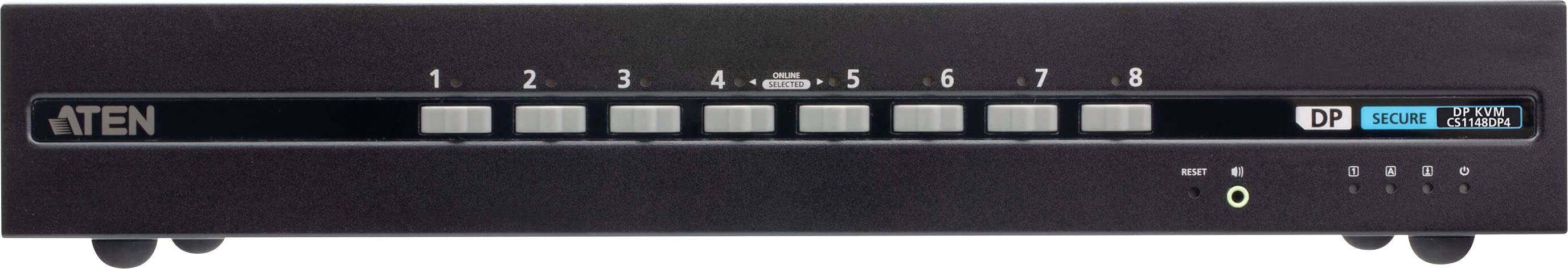 Ein schwarzer Netzwerkswitch mit acht nummerierten Tasten und einer Beschriftung, die "Aten" und "DP secure" anzeigt.